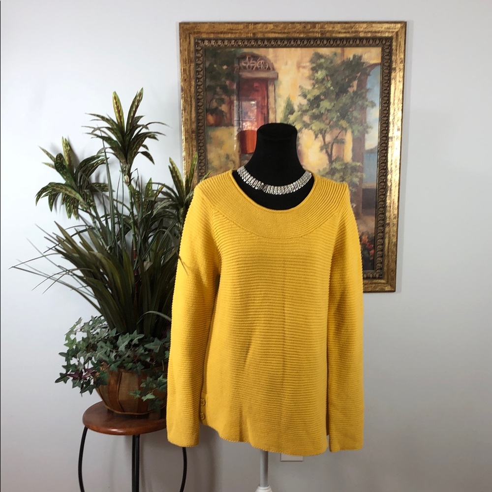 Talbots Mustard Yellow Crew Neck Sweater 100% Cotton Pullover Button details